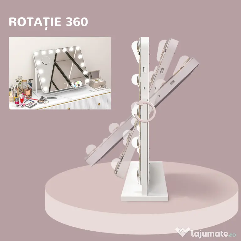HOMCOM Oglindă de Machiaj cu 14 Lumini LED Regulabile și Încărcare USB, din Sticlă și Metal, 62.5x14x49.5 cm, Alb