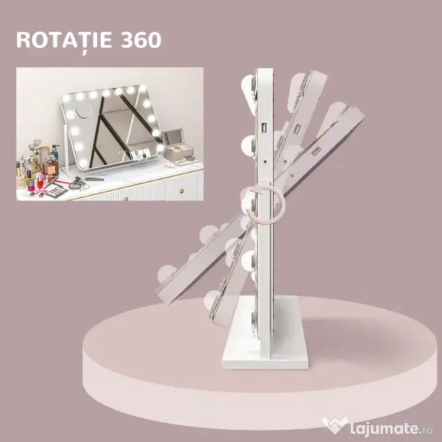 HOMCOM Oglindă de Machiaj cu 14 Lumini LED Regulabile și Încărcare USB, din Sticlă și Metal, 62.5x14x49.5 cm, Alb