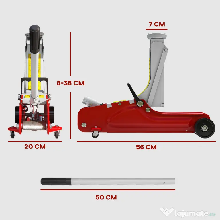 HOMCOM Cric Hidraulic cu Profil Jos, Cric Auto din Oțel Ranforsat cu Capacitate de 2,5 Tone, 56x20x8-38 cm, Roșu | Aosom Romania