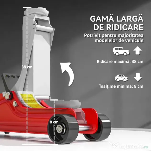 HOMCOM Cric Hidraulic cu Profil Jos, Cric Auto din Oțel Ranforsat cu Capacitate de 2,5 Tone, 56x20x8-38 cm, Roșu | Aosom Romania