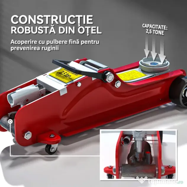 HOMCOM Cric Hidraulic cu Profil Jos, Cric Auto din Oțel Ranforsat cu Capacitate de 2,5 Tone, 56x20x8-38 cm, Roșu | Aosom Romania