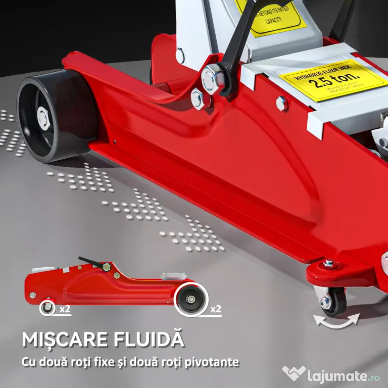HOMCOM Cric Hidraulic cu Profil Jos, Cric Auto din Oțel Ranforsat cu Capacitate de 2,5 Tone, 56x20x8-38 cm, Roșu | Aosom Romania
