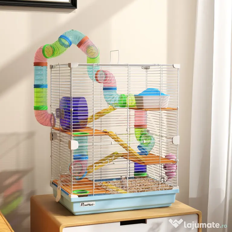 PawHut Cușcă pentru Hamsteri cu 5 Nivele, Tuburi, Rotiță, Scări, Căsuță și Sticluță, 46x30x58 cm, Albastru | Aosom Romania