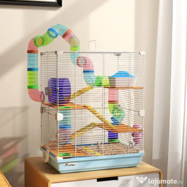 PawHut Cușcă pentru Hamsteri cu 5 Nivele, Tuburi, Rotiță, Scări, Căsuță și Sticluță, 46x30x58 cm, Albastru | Aosom Romania