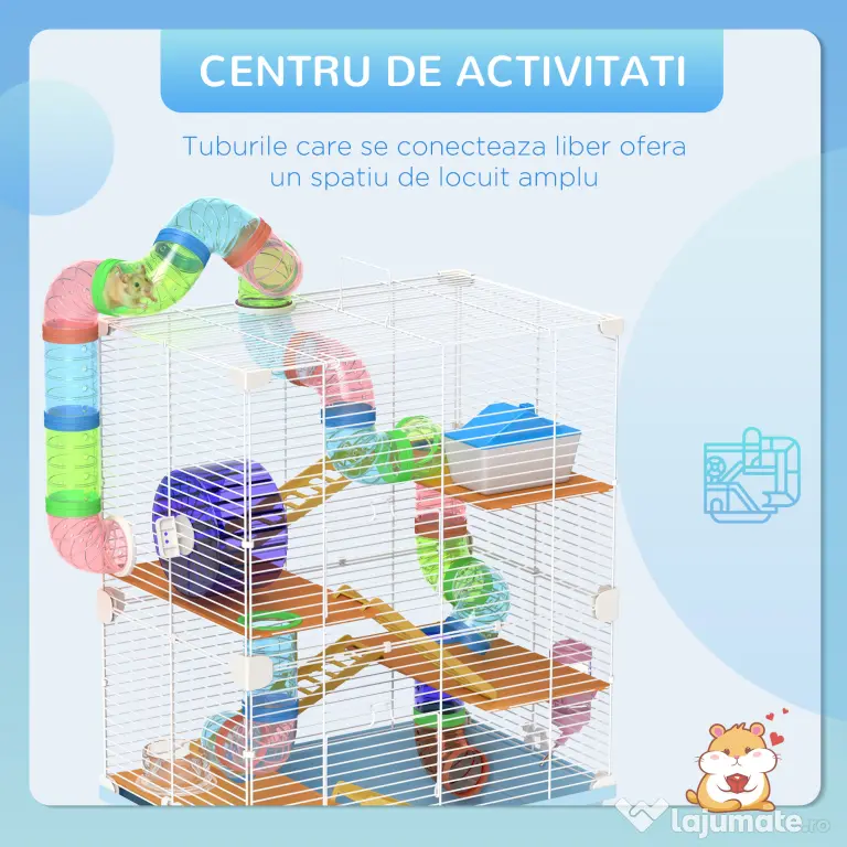 PawHut Cușcă pentru Hamsteri cu 5 Nivele, Tuburi, Rotiță, Scări, Căsuță și Sticluță, 46x30x58 cm, Albastru | Aosom Romania