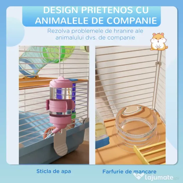 PawHut Cușcă pentru Hamsteri cu 5 Nivele, Tuburi, Rotiță, Scări, Căsuță și Sticluță, 46x30x58 cm, Albastru | Aosom Romania