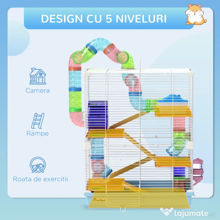 PawHut Cușcă pentru Hamsteri cu 5 Nivele, Tuburi, Rotiță, Scări, Căsuță și Sticluță, 46x30x58 cm, Albastru | Aosom Romania