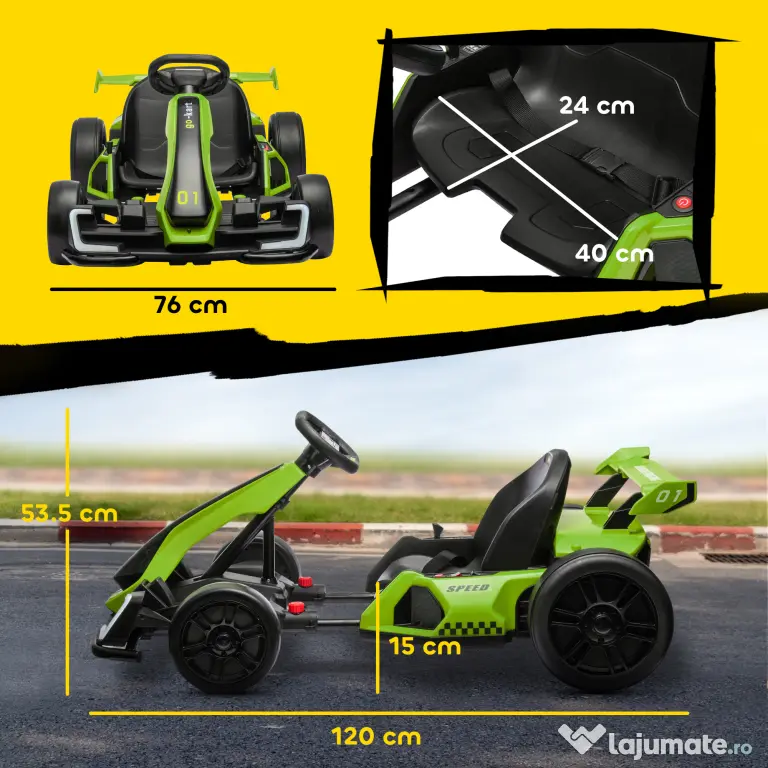HOMCOM Go Kart Electric pentru Copii cu Scaun Reglabil, 2 Motoare, Claxon, Lumini și Muzică, 120x76x53,5 cm, Verde | Aosom Romania