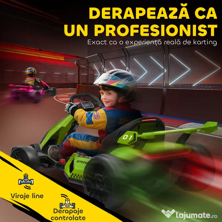 HOMCOM Go Kart Electric pentru Copii cu Scaun Reglabil, 2 Motoare, Claxon, Lumini și Muzică, 120x76x53,5 cm, Verde | Aosom Romania