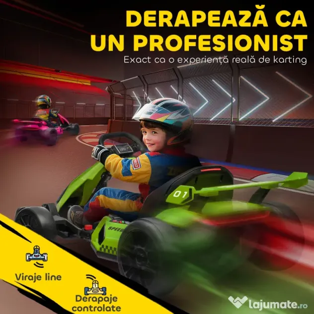 HOMCOM Go Kart Electric pentru Copii cu Scaun Reglabil, 2 Motoare, Claxon, Lumini și Muzică, 120x76x53,5 cm, Verde | Aosom Romania