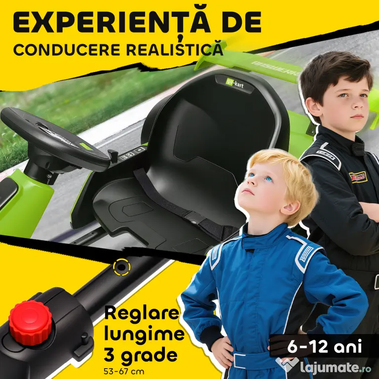 HOMCOM Go Kart Electric pentru Copii cu Scaun Reglabil, 2 Motoare, Claxon, Lumini și Muzică, 120x76x53,5 cm, Verde | Aosom Romania