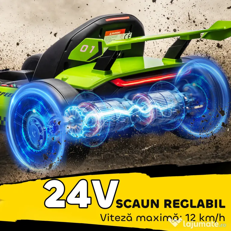 HOMCOM Go Kart Electric pentru Copii cu Scaun Reglabil, 2 Motoare, Claxon, Lumini și Muzică, 120x76x53,5 cm, Verde | Aosom Romania