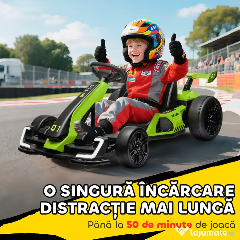 HOMCOM Go Kart Electric pentru Copii cu Scaun Reglabil, 2 Motoare, Claxon, Lumini și Muzică, 120x76x53,5 cm, Verde | Aosom Romania