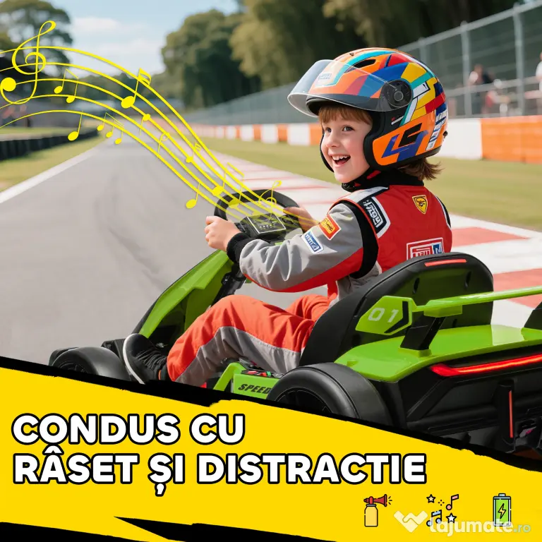 HOMCOM Go Kart Electric pentru Copii cu Scaun Reglabil, 2 Motoare, Claxon, Lumini și Muzică, 120x76x53,5 cm, Verde | Aosom Romania