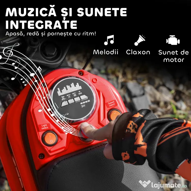 HOMCOM Motocicletă Electrică pentru Copii cu Accelerație Manuală și 2 Viteze, 119x64x76,5 cm, Roșu | Aosom Romania