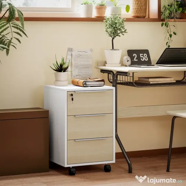 HOMCOM Dulap de Birou cu 3 Sertare, 4 Roți, Comodă de Birou cu Sistem de Blocare și 2 Chei pentru Documente Format A4, Dulap Vertical pentru Studiu, 40x40x63.5 cm, Alb și Stejar | Aosom Romania
