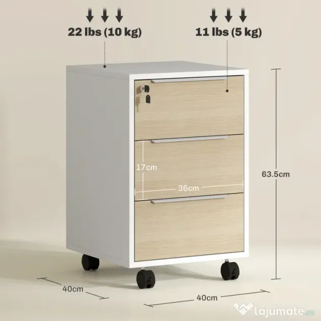 HOMCOM Dulap de Birou cu 3 Sertare, 4 Roți, Comodă de Birou cu Sistem de Blocare și 2 Chei pentru Documente Format A4, Dulap Vertical pentru Studiu, 40x40x63.5 cm, Alb și Stejar | Aosom Romania
