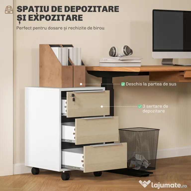 HOMCOM Dulap de Birou cu 3 Sertare, 4 Roți, Comodă de Birou cu Sistem de Blocare și 2 Chei pentru Documente Format A4, Dulap Vertical pentru Studiu, 40x40x63.5 cm, Alb și Stejar | Aosom Romania