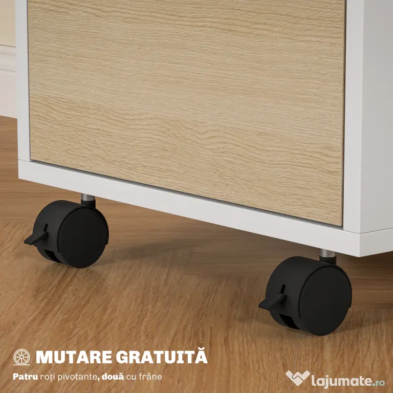 HOMCOM Dulap de Birou cu 3 Sertare, 4 Roți, Comodă de Birou cu Sistem de Blocare și 2 Chei pentru Documente Format A4, Dulap Vertical pentru Studiu, 40x40x63.5 cm, Alb și Stejar | Aosom Romania