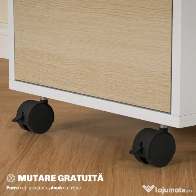HOMCOM Dulap de Birou cu 3 Sertare, 4 Roți, Comodă de Birou cu Sistem de Blocare și 2 Chei pentru Documente Format A4, Dulap Vertical pentru Studiu, 40x40x63.5 cm, Alb și Stejar | Aosom Romania