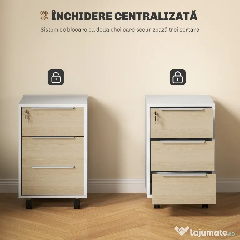 HOMCOM Dulap de Birou cu 3 Sertare, 4 Roți, Comodă de Birou cu Sistem de Blocare și 2 Chei pentru Documente Format A4, Dulap Vertical pentru Studiu, 40x40x63.5 cm, Alb și Stejar | Aosom Romania