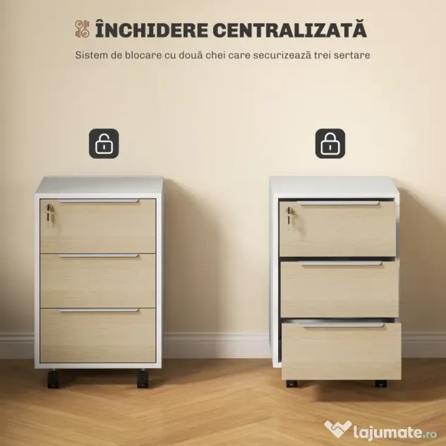 HOMCOM Dulap de Birou cu 3 Sertare, 4 Roți, Comodă de Birou cu Sistem de Blocare și 2 Chei pentru Documente Format A4, Dulap Vertical pentru Studiu, 40x40x63.5 cm, Alb și Stejar | Aosom Romania
