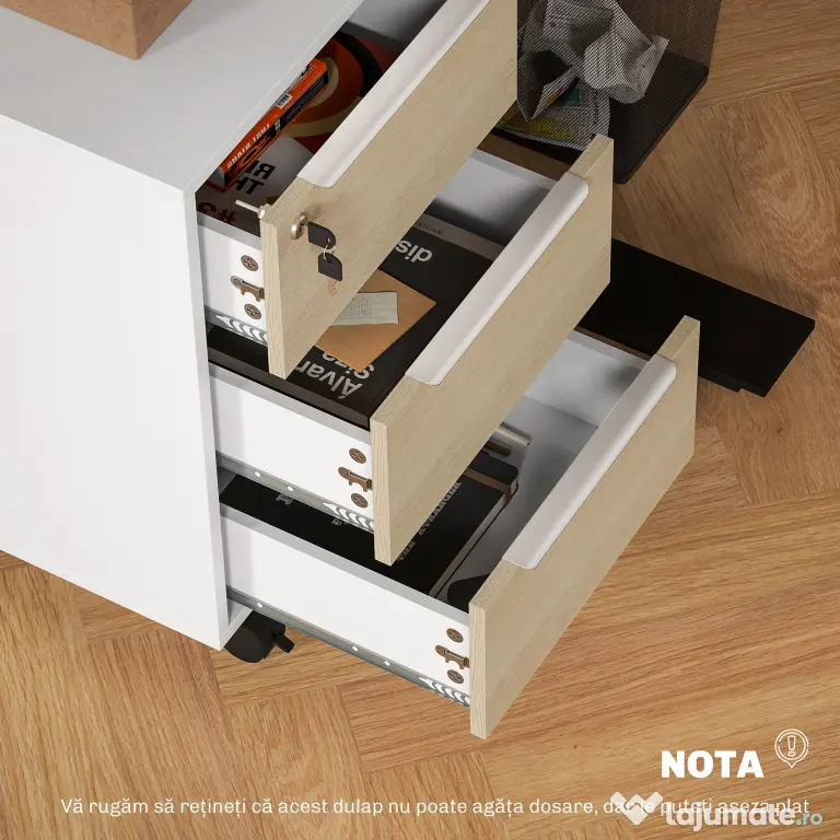HOMCOM Dulap de Birou cu 3 Sertare, 4 Roți, Comodă de Birou cu Sistem de Blocare și 2 Chei pentru Documente Format A4, Dulap Vertical pentru Studiu, 40x40x63.5 cm, Alb și Stejar | Aosom Romania
