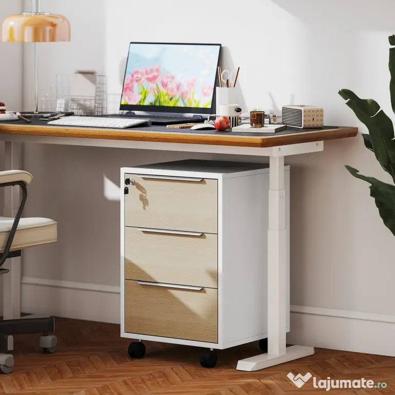 HOMCOM Dulap de Birou cu 3 Sertare, 4 Roți, Comodă de Birou cu Sistem de Blocare și 2 Chei pentru Documente Format A4, Dulap Vertical pentru Studiu, 40x40x63.5 cm, Alb și Stejar | Aosom Romania