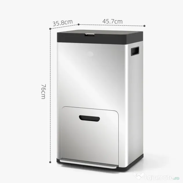 HOMCOM Coș de gunoi cu 3 compartimente de 56L cu suport pentru deodorant, din oțel și PP, 45.7x35.8x76 cm, argintiu