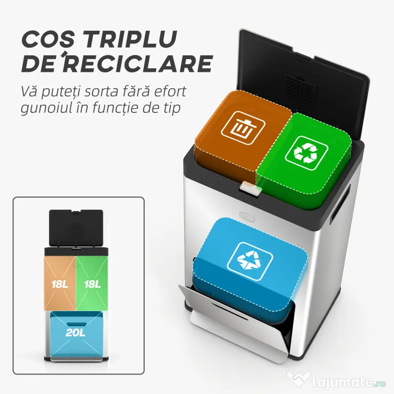 HOMCOM Coș de gunoi cu 3 compartimente de 56L cu suport pentru deodorant, din oțel și PP, 45.7x35.8x76 cm, argintiu