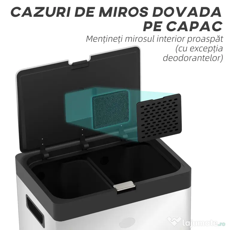 HOMCOM Coș de gunoi cu 3 compartimente de 56L cu suport pentru deodorant, din oțel și PP, 45.7x35.8x76 cm, argintiu
