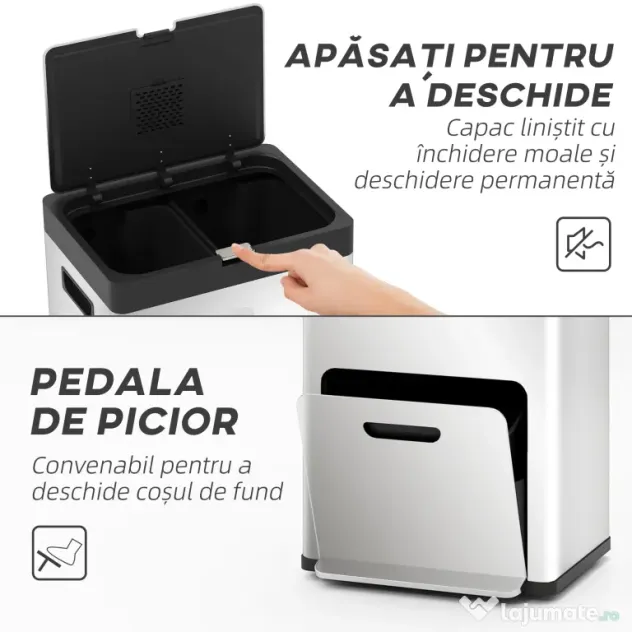 HOMCOM Coș de gunoi cu 3 compartimente de 56L cu suport pentru deodorant, din oțel și PP, 45.7x35.8x76 cm, argintiu