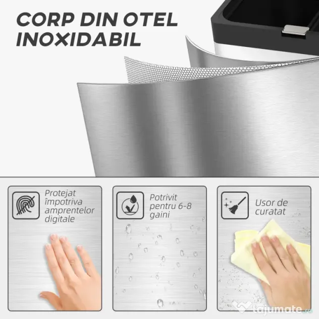 HOMCOM Coș de gunoi cu 3 compartimente de 56L cu suport pentru deodorant, din oțel și PP, 45.7x35.8x76 cm, argintiu