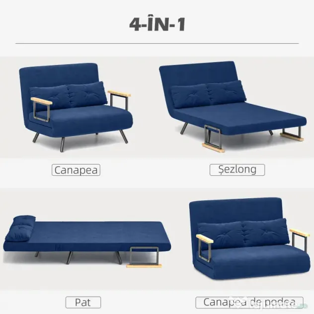 HOMCOM Canapea Pat de 2 Locuri cu Spătar Reglabil pe 5 Nivele și 2 Perne din Material Capitonat, 102x73x81 cm, Albastru | Aosom Romania