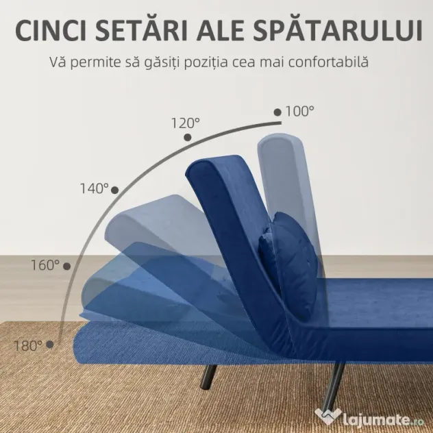 HOMCOM Canapea Pat de 2 Locuri cu Spătar Reglabil pe 5 Nivele și 2 Perne din Material Capitonat, 102x73x81 cm, Albastru | Aosom Romania