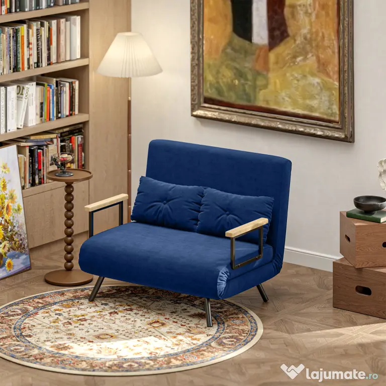 HOMCOM Canapea Pat de 2 Locuri cu Spătar Reglabil pe 5 Nivele și 2 Perne din Material Capitonat, 102x73x81 cm, Albastru | Aosom Romania