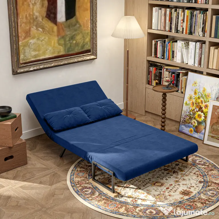 HOMCOM Canapea Pat de 2 Locuri cu Spătar Reglabil pe 5 Nivele și 2 Perne din Material Capitonat, 102x73x81 cm, Albastru | Aosom Romania