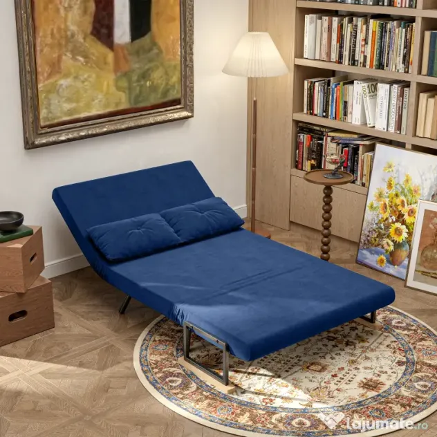 HOMCOM Canapea Pat de 2 Locuri cu Spătar Reglabil pe 5 Nivele și 2 Perne din Material Capitonat, 102x73x81 cm, Albastru | Aosom Romania