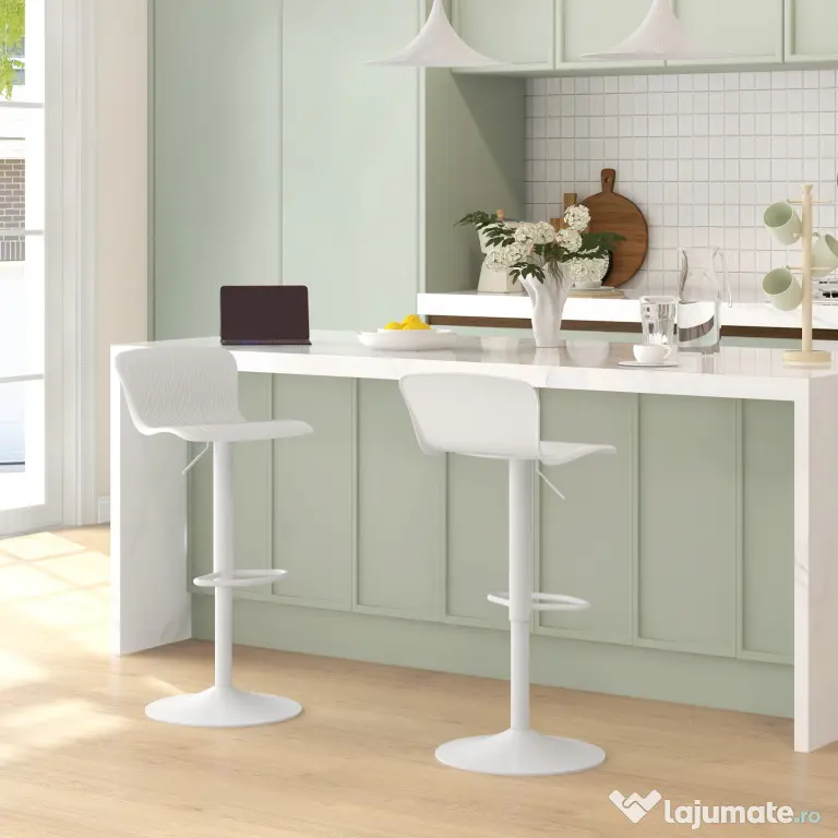HOMCOM Set 2 Scaune de Bar cu Spătar Ergonomic, Suport pentru Picioare și Șezut Rotativ, 38,5x40x76,5-97,5 cm, Alb | Aosom Romania