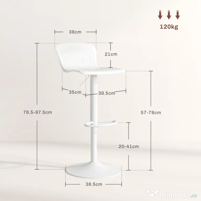 HOMCOM Set 2 Scaune de Bar cu Spătar Ergonomic, Suport pentru Picioare și Șezut Rotativ, 38,5x40x76,5-97,5 cm, Alb | Aosom Romania