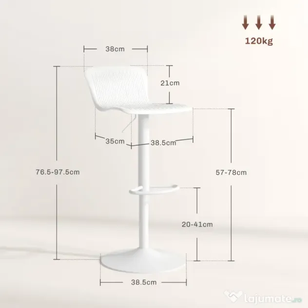 HOMCOM Set 2 Scaune de Bar cu Spătar Ergonomic, Suport pentru Picioare și Șezut Rotativ, 38,5x40x76,5-97,5 cm, Alb | Aosom Romania