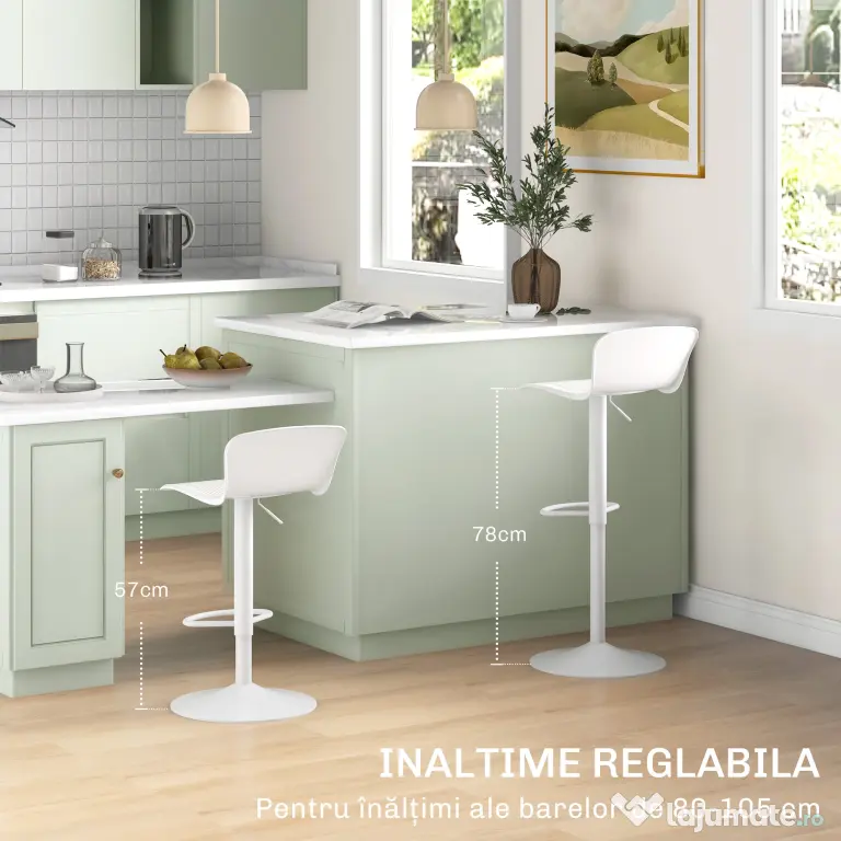 HOMCOM Set 2 Scaune de Bar cu Spătar Ergonomic, Suport pentru Picioare și Șezut Rotativ, 38,5x40x76,5-97,5 cm, Alb | Aosom Romania