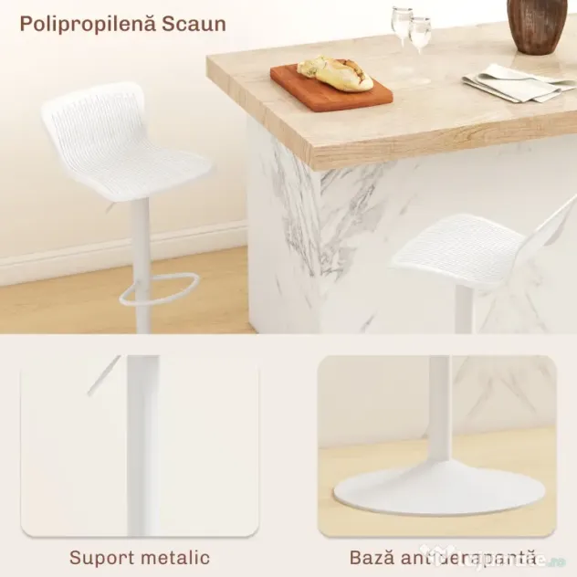 HOMCOM Set 2 Scaune de Bar cu Spătar Ergonomic, Suport pentru Picioare și Șezut Rotativ, 38,5x40x76,5-97,5 cm, Alb | Aosom Romania