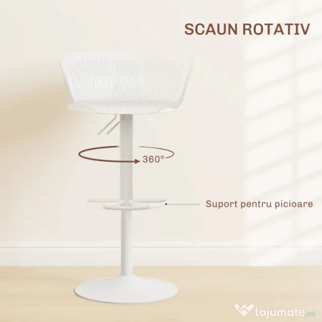 HOMCOM Set 2 Scaune de Bar cu Spătar Ergonomic, Suport pentru Picioare și Șezut Rotativ, 38,5x40x76,5-97,5 cm, Alb | Aosom Romania