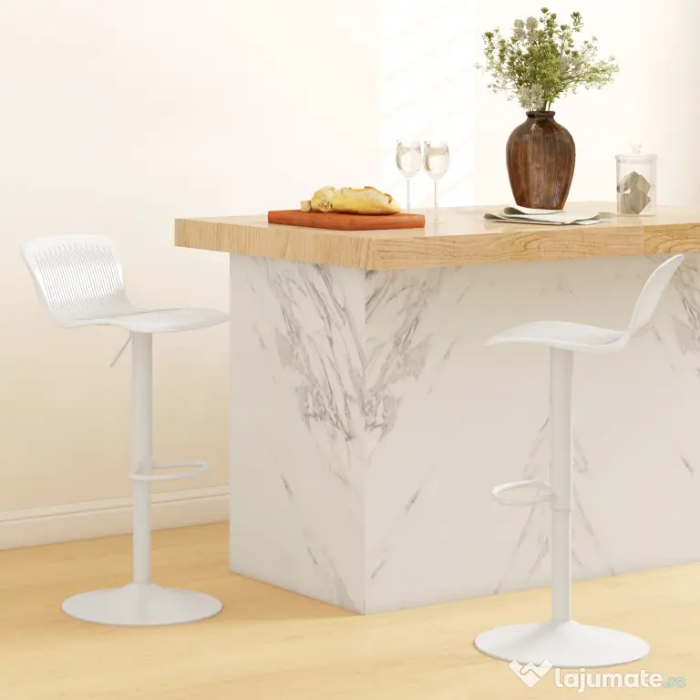 HOMCOM Set 2 Scaune de Bar cu Spătar Ergonomic, Suport pentru Picioare și Șezut Rotativ, 38,5x40x76,5-97,5 cm, Alb | Aosom Romania
