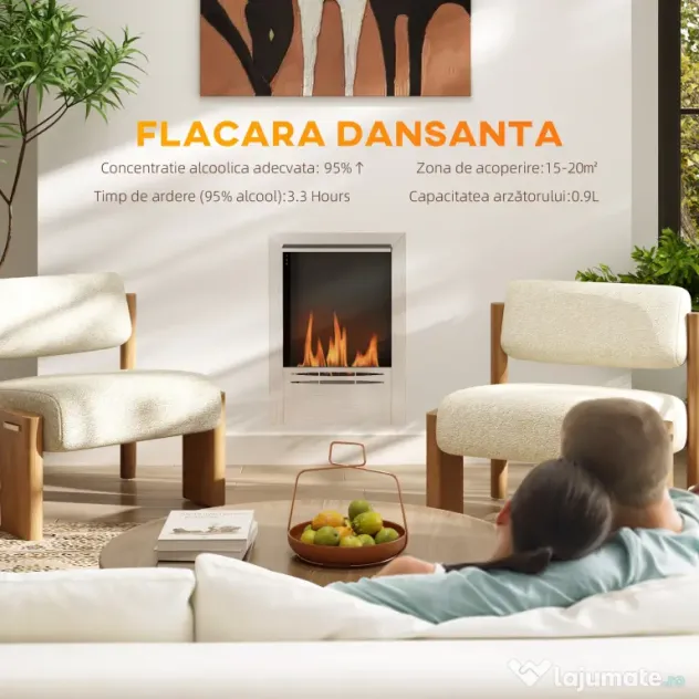 HOMCOM Șemineu pe Bioetanol Încorporat din Oțel, Capacitate 0,9L și Durată 3,3 Ore, 48x18x59 cm, Argintiu