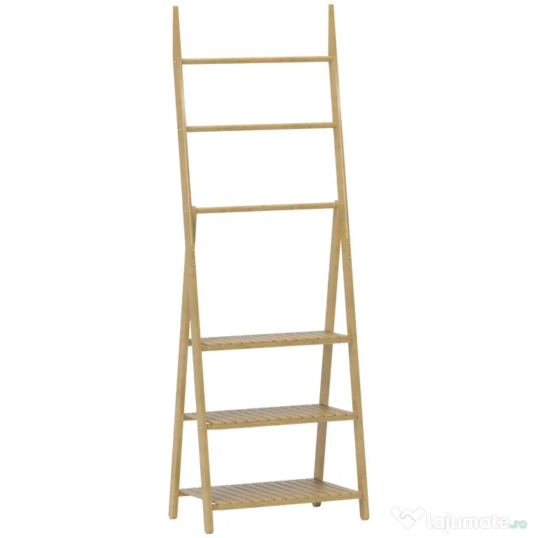 HOMCOM Raft de Baie Pliabil pentru Prosoape cu 3 Rafturi și 3 Bare, 53,5x30x153 cm, Lemn Natural