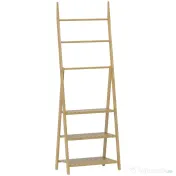HOMCOM Raft de Baie Pliabil pentru Prosoape cu 3 Rafturi și 3 Bare, 53,5x30x153 cm, Lemn Natural