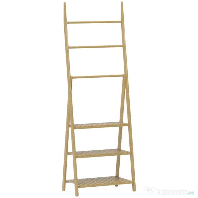HOMCOM Raft de Baie Pliabil pentru Prosoape cu 3 Rafturi și 3 Bare, 53,5x30x153 cm, Lemn Natural