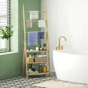 HOMCOM Raft de Baie Pliabil pentru Prosoape cu 3 Rafturi și 3 Bare, 53,5x30x153 cm, Lemn Natural
